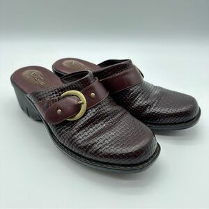 Clark’s Artisan Brown Woven Leather Mules with Brass tone Buckle